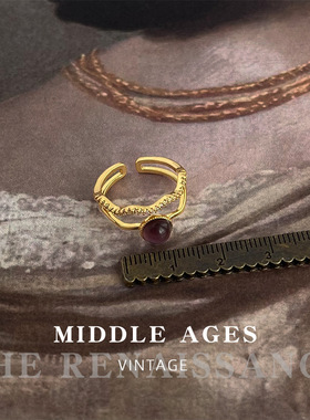 vintage轻中古镶锆石紫色猫眼石食指戒指镂空复古开口可调节指环