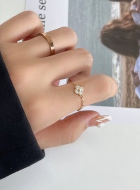 蓝莓甜心韩国14K黄金色轻奢戒指 满锆闪耀小花百搭软链可调节戒指