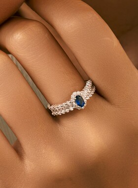 2026新款轻奢蛋形仿真钻蓝宝戒指女复古璀璨满钻跨境指环女饰品