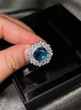 欧美新款奢华彩宝套装 镶嵌海蓝色高仿托帕石戒指黄水晶耳钉项链