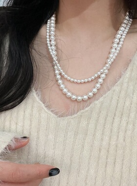 钛钢双层强光玻璃珍珠法式项链女