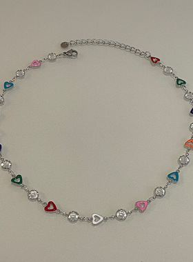 钛钢彩色糖果爱心拼接锆石项链女