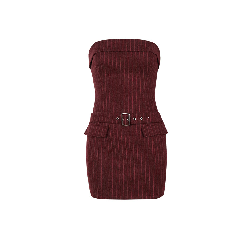 ITSNIKAR 经典酒红条纹抹胸连衣裙女毛呢裙新年节日氛围感短裙子,淘宝优惠券,粉丝福利购,淘宝优惠卷