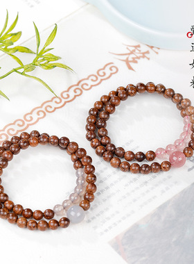天然金丝檀木南红草莓晶灰玛瑙双圈手串女木质文盘完手链饰品礼物