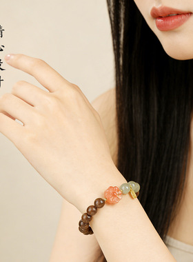 金丝檀木单双圈手串女生天然和田玉转运珠木质文盘玩手链饰品礼物