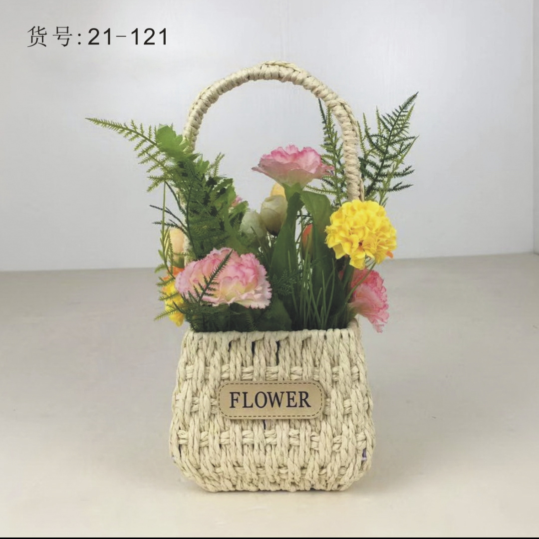 环保纸绳手提花篮田园风花篮插花女神节礼物手提篮子花艺花店用品 - 图0