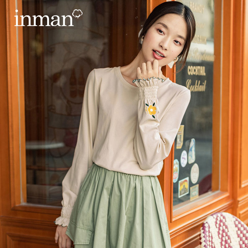 茵曼木耳边白色秋冬新款圆领打底衫 茵曼田田极客T恤