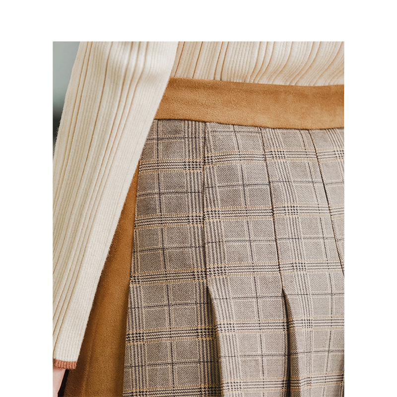 茵曼格子短款毛呢高腰秋冬半身裙 茵曼田田极客半身裙