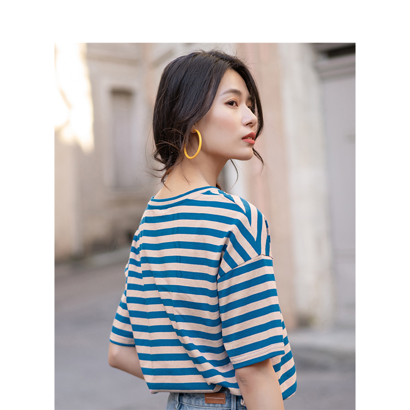 茵曼旗舰店条纹显瘦纯棉全棉上衣 茵曼田田极客T恤