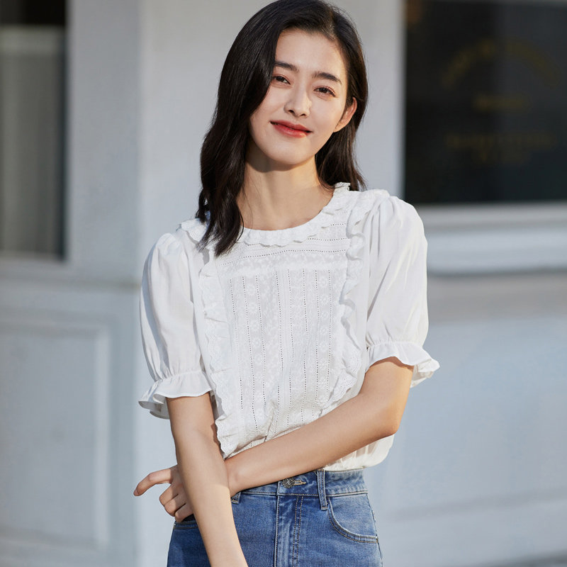 茵曼日系白色木耳边短袖夏季衬衫 茵曼田田极客衬衫