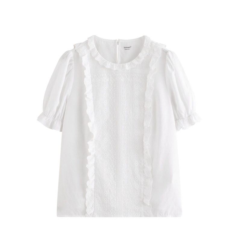 茵曼日系白色木耳边短袖夏季衬衫 茵曼田田极客衬衫