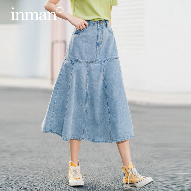 茵曼牛仔女夏秋中长款高腰半身裙 茵曼田田极客半身裙