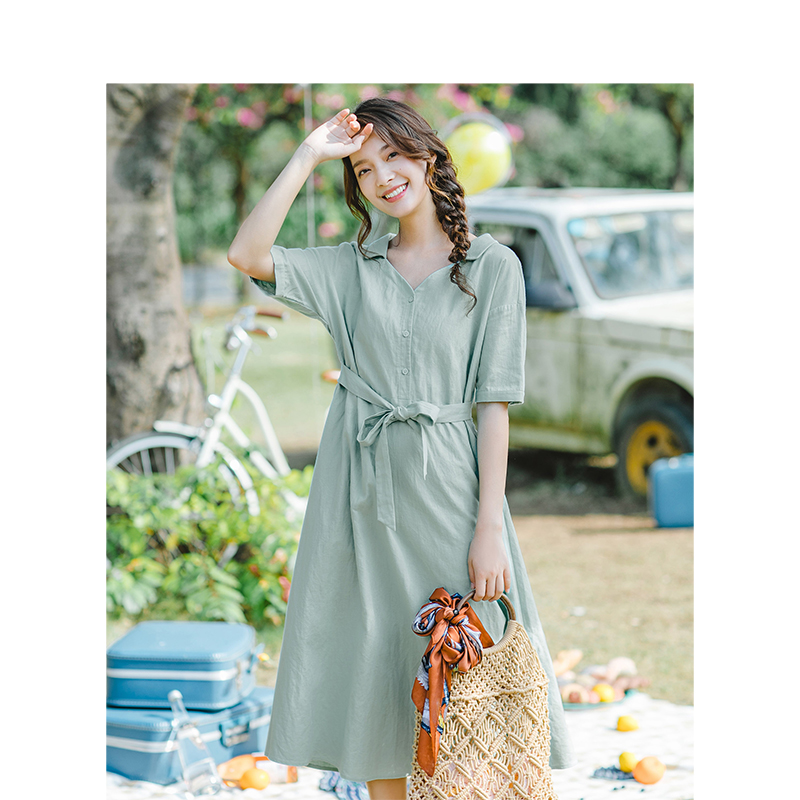 茵曼旗舰店文艺棉麻短袖2020连衣裙 茵曼田田极客连衣裙
