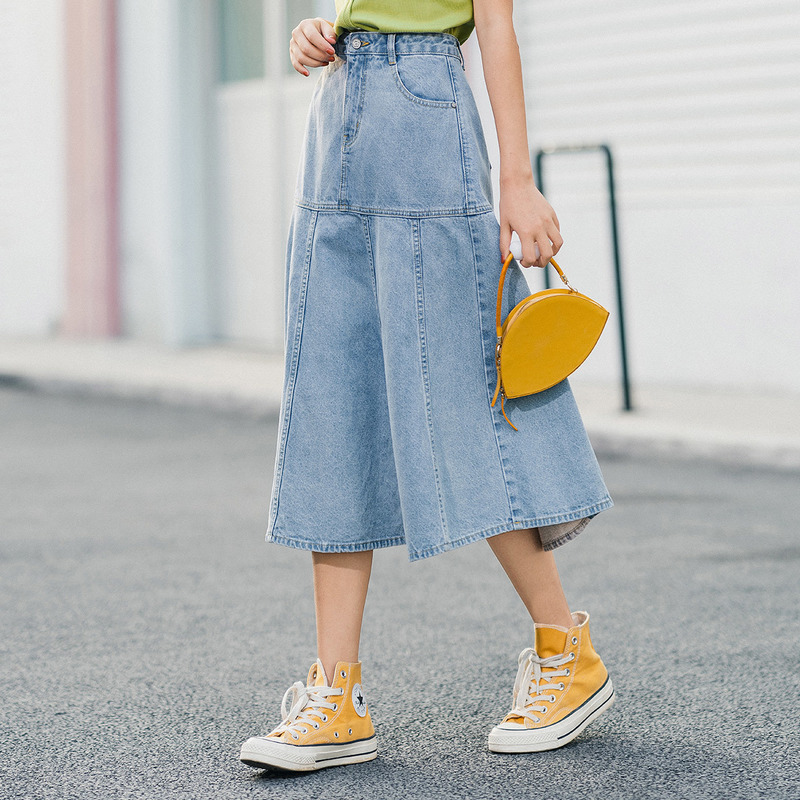 茵曼牛仔女夏秋中长款高腰半身裙 茵曼田田极客半身裙