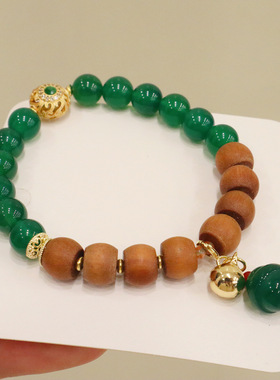 天然老料檀木手链绿玛瑙双圈手串珠链女新中式景区寺院爆款