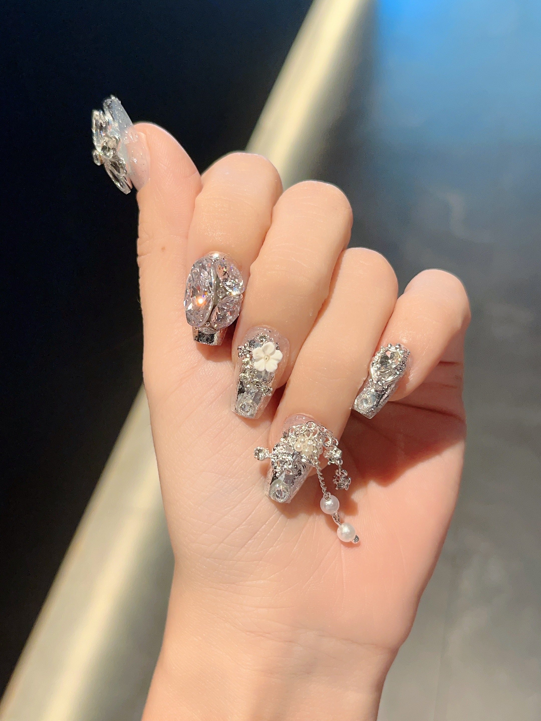 【A36】爆闪短梯银白雪花高级美甲成品纯手工可拆卸穿戴甲,淘宝优惠券,粉丝福利购,淘宝优惠卷