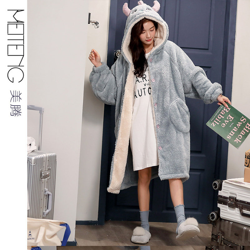 秋冬季珊瑚绒恐龙可爱长款睡袍 美腾睡袍/浴袍