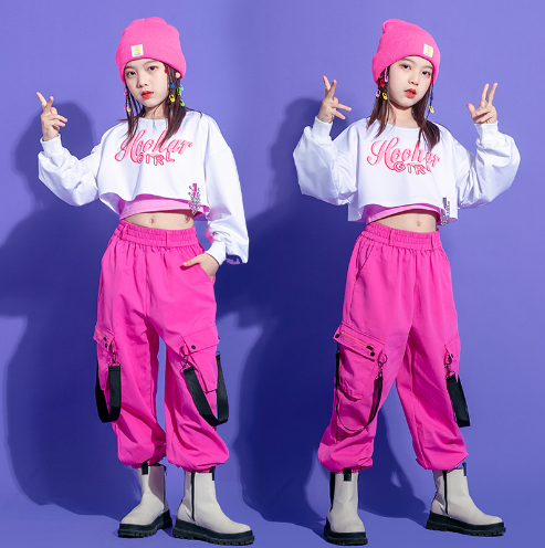 女童爵士舞服装儿童演出服Jazz露肚脐套装走秀hiphop嘻哈潮服-图1