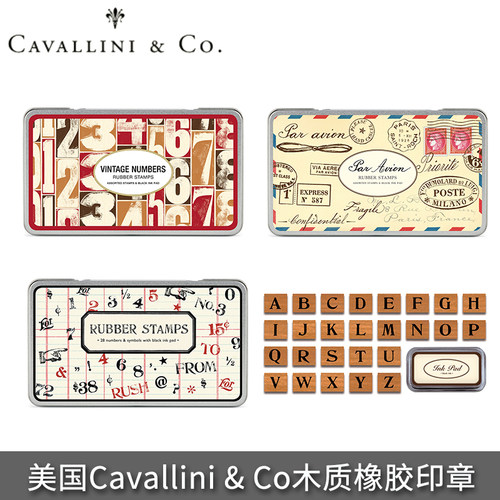 Cavallini复古手帐印章铁盒收纳套装木质橡皮邮戳字母精致图案 - 图1