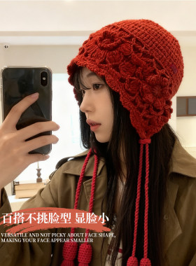 帽子女款秋冬季高级感立体花朵手钩针织帽保暖复古时尚百搭设计风