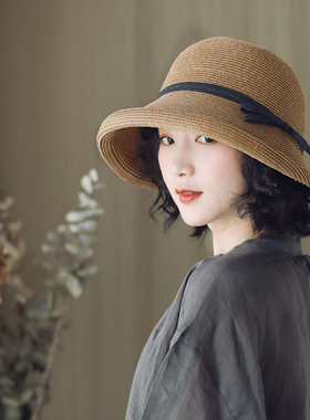 赫本风百搭草帽女士夏卷檐款沙滩时尚凉帽遮太阳防晒大檐渔夫帽子
