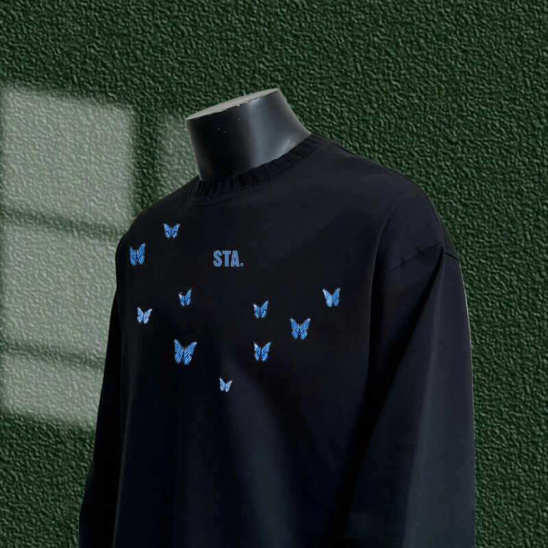 STA.MEDM联名暗黑系蝴蝶印花长袖体恤男女小众宽松纯棉秋冬季潮流 - 图1