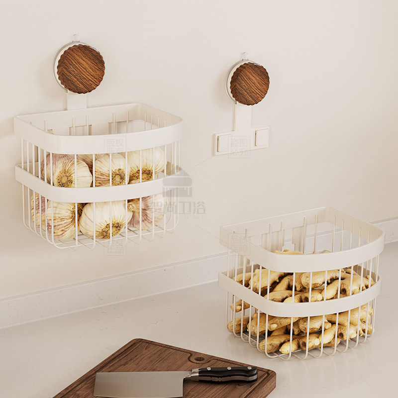 吸盘厨房置物架壁挂式墙上木纹收纳架多功能调料葱姜蒜果蔬收纳筐,淘宝优惠券,粉丝福利购,淘宝优惠卷