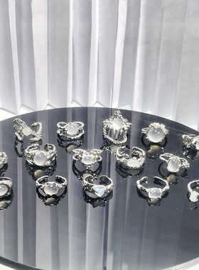 欧美潮酷质感蛋白石个性开口戒指女ins冷淡风气质百搭精致食指戒