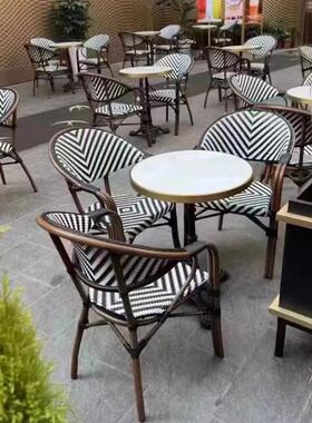 户外法式餐厅餐桌椅咖啡厅奶茶店扶手藤编椅别墅庭院美式复古藤椅