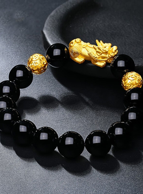 千年珠宝黄金貔貅手链男足金999黑曜石皮丘手串转运金珠送男友礼