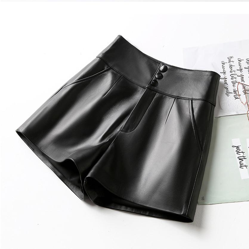 2128真皮羊皮短裤女秋冬新款时尚显瘦高腰a字休闲裤阔腿裤靴裤 - 图0