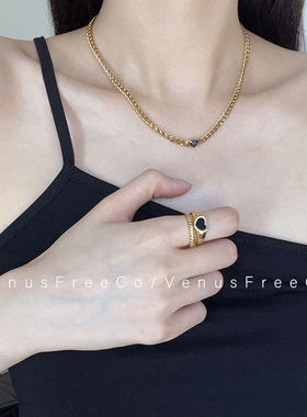 如蝶在野 高保色18k镀金甜酷黑色爱心细链条锁骨项链叠戴欧美