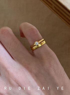 如蝶在野 vintage中古金色拉丝素圈闪钻戒指复古轻奢尾戒开口戒