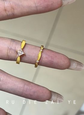 如蝶在野 金菱阙~金色方糖锆石柳叶枝戒指极简高级感两件套开口戒