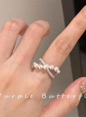 Purple Butterfly 珍珠锆石交叉戒指高级时尚戒指女可调节开口戒