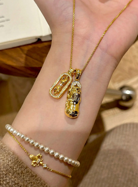 雪雪同款镶钻貔貅金钢杵吊坠仿越南沙金古法气质高级感锁骨链项链