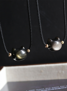 天然黑曜石猫头项链可调节礼物