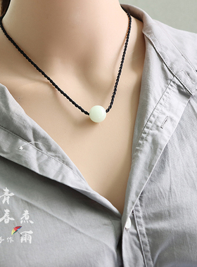 简约夜明珠黑绳项链男女款发光珠