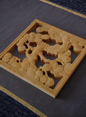 竹板青松图镂空浮雕木版画禅意简约壁挂竹木板画家具立体木贴花
