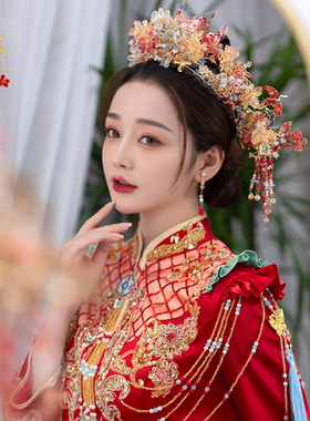 凤冠古装彩色琉璃花朵中式套装