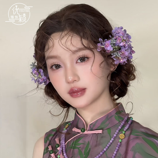 新中式紫色仿真花发夹森系甜美古风汉服百搭新娘边夹头饰晨袍配饰