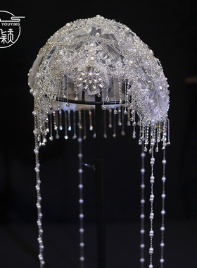 优颖新款重工刺绣复古新娘头饰蕾丝串珠流苏额坠纱帽婚纱礼服配饰