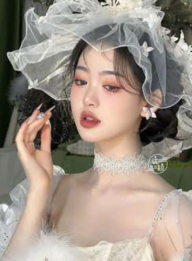 优颖创意仙气白色花朵新娘头饰花环帽纱遮面头纱外景旅拍婚纱配饰