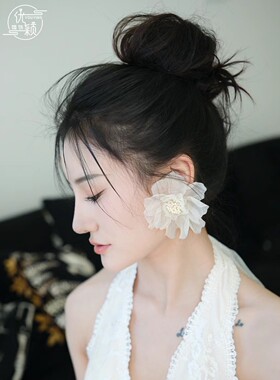 优颖新娘新款香槟色绢纱花朵耳环耳夹仙美简约优雅个性潮流耳饰品
