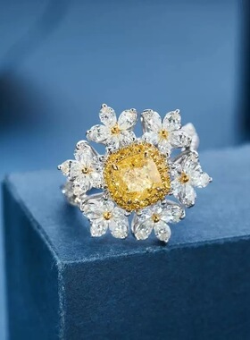 仿彩色黄钻六花莫桑钻石戒指