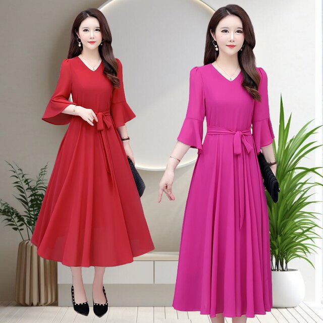 ຊຸດກະໂປງ Chiffon 2026 ເສື້ອຍືດຍາວ temperament ໃໝ່