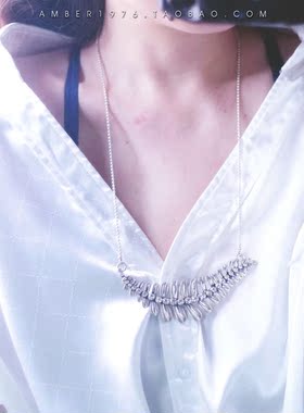 No.226 挪威A&C 自然主义风格 合金镀银水晶宝石镶嵌蕨类植物项链