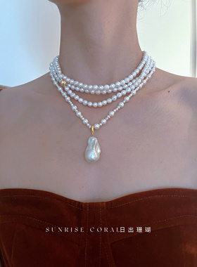 天然淡水ak5－6mm近圆珍珠白亮微瑕磁铁吸扣毛衣链长款项链多圈