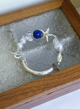 泰国清迈925纯银天然异形巴洛克珍珠手链蓝晶石手串小众设计感