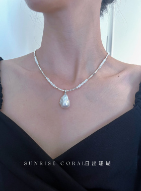 日出珊瑚 925纯银碎银子项链女天然淡水小珍珠锁骨链可叠戴